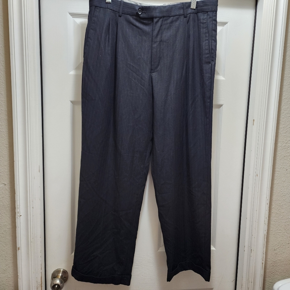 Luca Rossi Italia Dress Pants Men's 36 x 30 Black Striped Cuffed Pleated 36x30